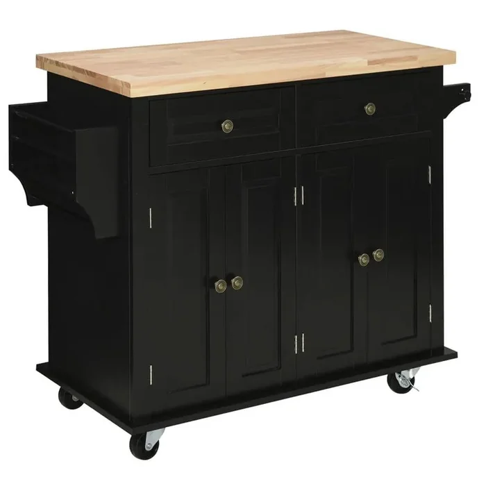 Black Wood 43.75 in. Kitchen Island with Rubberwood Top, Spice Rack, Towel Rack and Drawers
