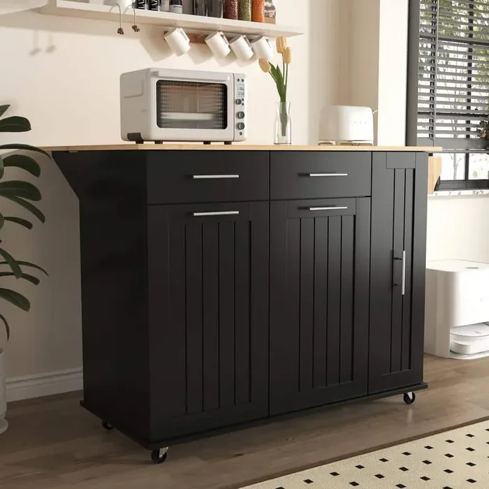 Black Wood 46 in. Kitchen Island with Drop Leaf and 3 Tier Pull Out Cabinet Organizer, Kitchen Cart with Towel Rack