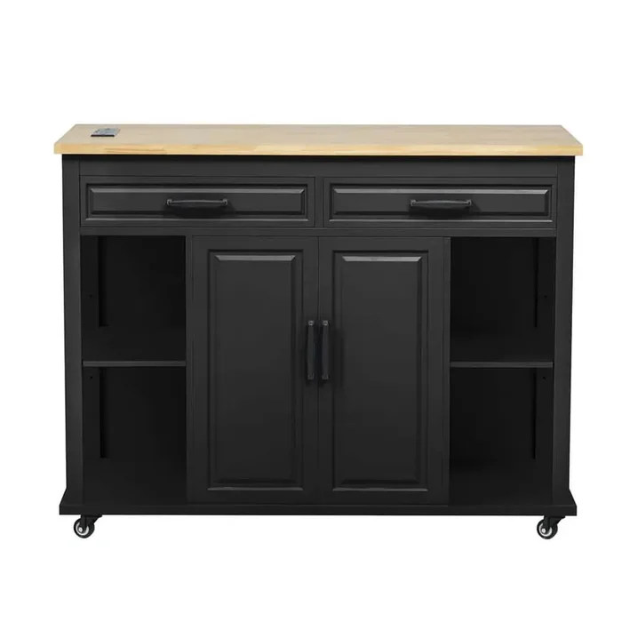 Black Wood 47.2 in. Kitchen Island with Extendable Dining Table, 2-Doors and 2-Drawers, Kitchen Cart with Power Ou