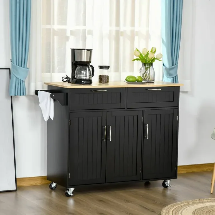 Black Wood 47.75 in. Kitchen Island on Wheels, Rolling Kitchen Cart with Drawers and Adjustable Shelve
