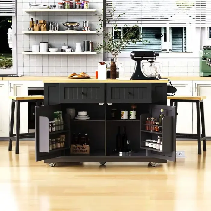 Black Wood 48 in. Kitchen Island with Drop Leaf, Power Outlet, Internal Storage Rack