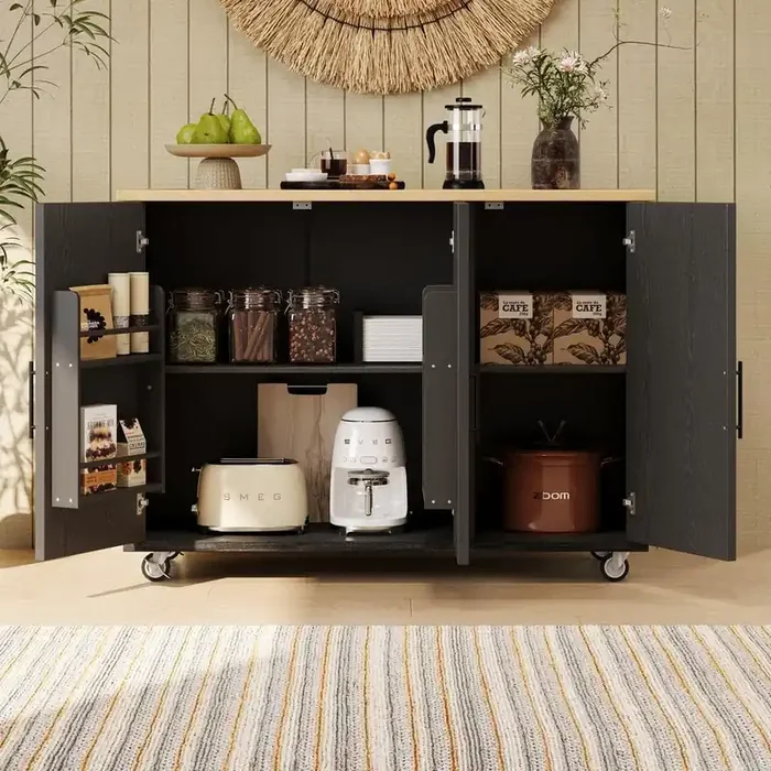 Black Wood 51.2 in. Geometric Twill Stripe Textured Design Kitchen Island with Extendable Dining Table and 3-Doors