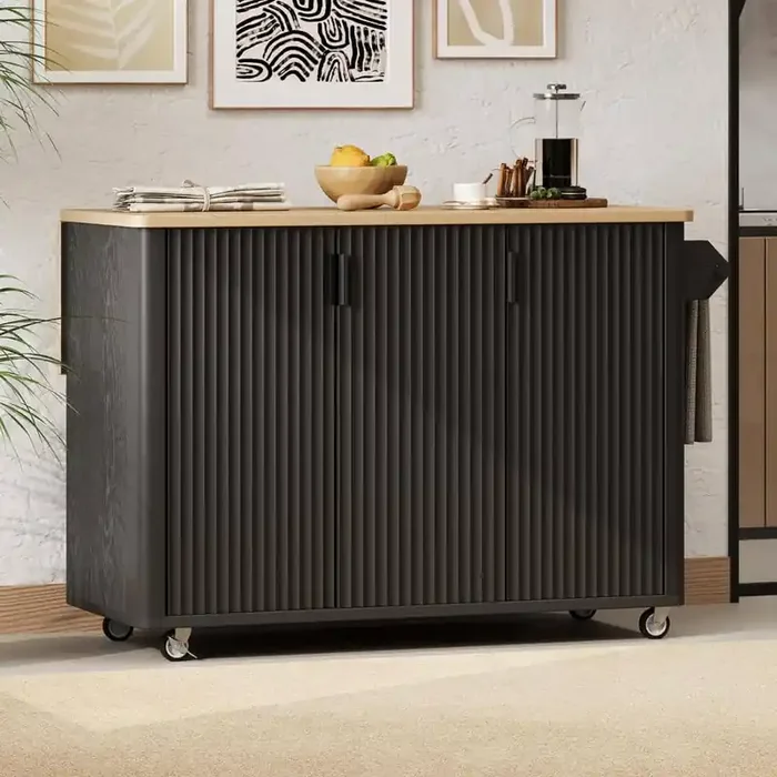 Black Wood 51.3 in. Kitchen Island with Drop Leaf, Kitchen Cart with Towel Rack and 3 Doors