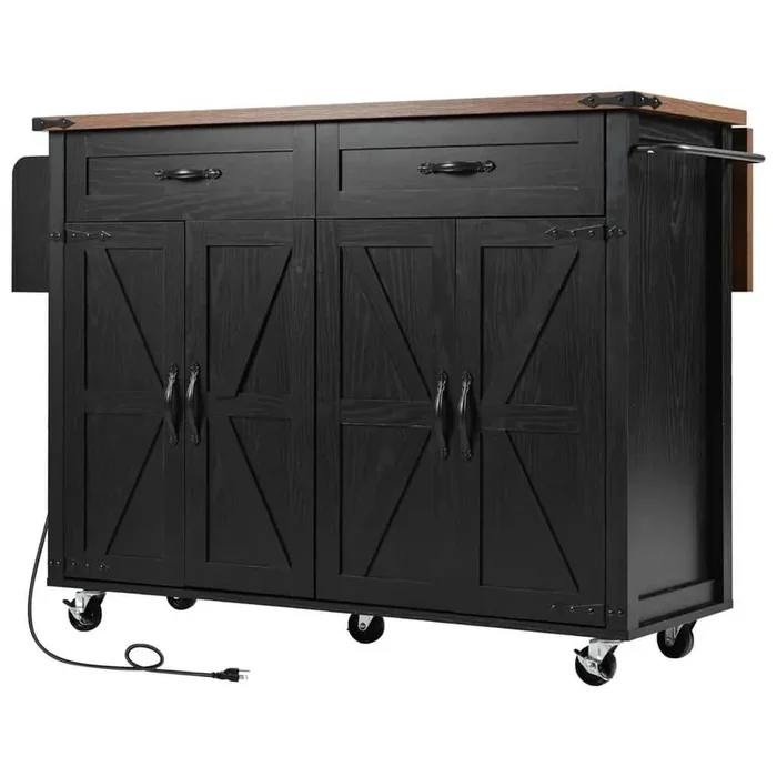 Black Wood 53.5 in. Kitchen Island with Drop Leaf, Rolling Kitchen Cart with Storage Cabinet, Power Outlet and Drawer