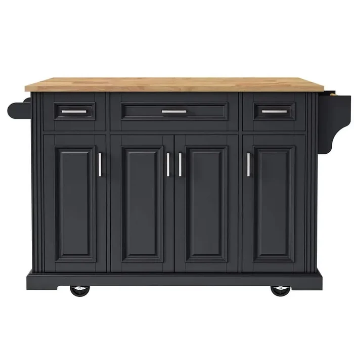 Black Wood 54.1 in. Large Kitchen Island with Drop Leaf, Spice Rack, Towel Rack, 4-Doors and 3-Drawers
