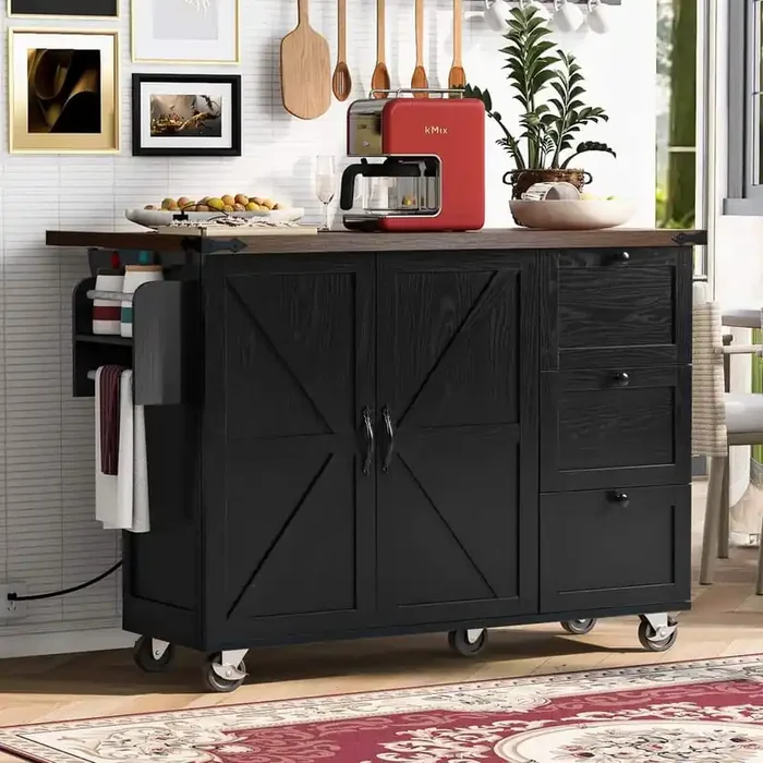 Black Wood 54.5 in. W Farmhouse Kitchen Island with Drop Leaf, Internal Storage Rack and 3-Drawers