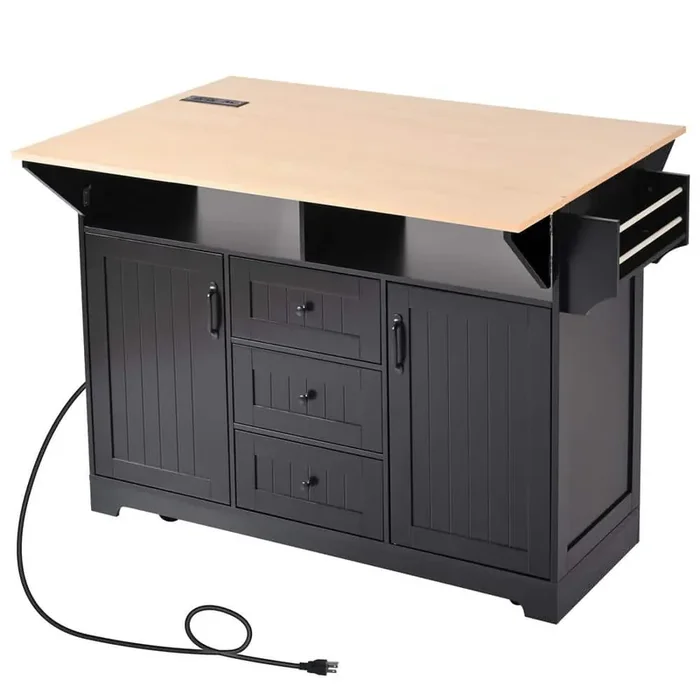 Black Wood 55.7 in. W Storage Kitchen Island, Folding Dining Table with Power Outlet & Towel Rack