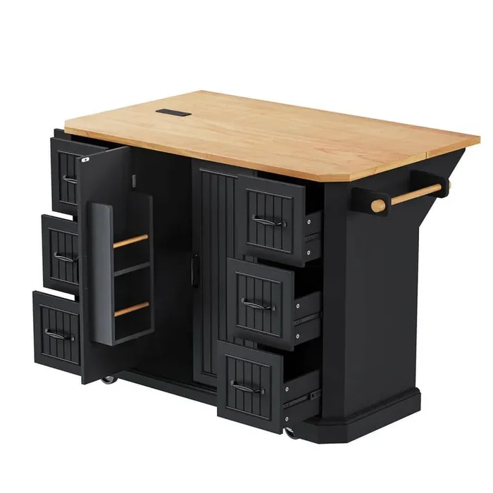 Black Wood 56 in. Kitchen Island Cart with Drop Leaf, Power Outlet, 4-Door Shelves, 6-Drawers, Adjustable Shelf