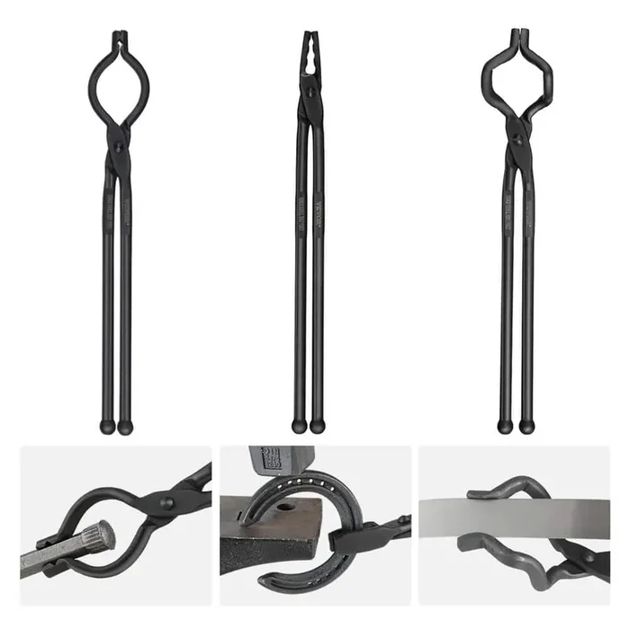 Blacksmith Tongs, 18 in. 3-Pieces V-Bit Bolt Tongs, Wolf Jaw Tongs and Z V-Bit Tongs, Carbon Steel Forge Tongs