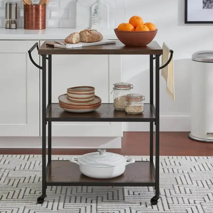 Blake Industrial Black Metal Frame Rolling Kitchen Cart with 3 Walnut Accent Storage Shelves (32″ W)