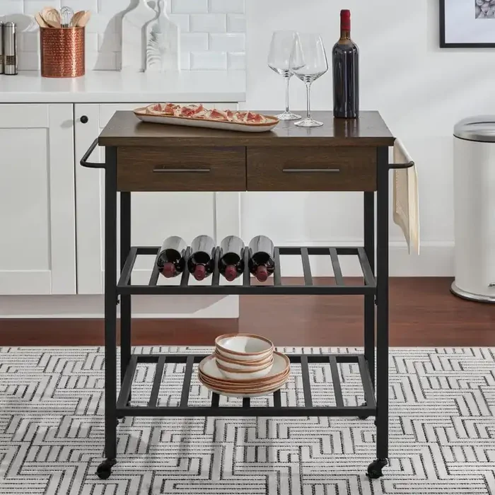 Blake Industrial Black Metal Frame Rolling Kitchen Cart with Walnut Top, Double-Drawer Storage and Shelves (35″ W)