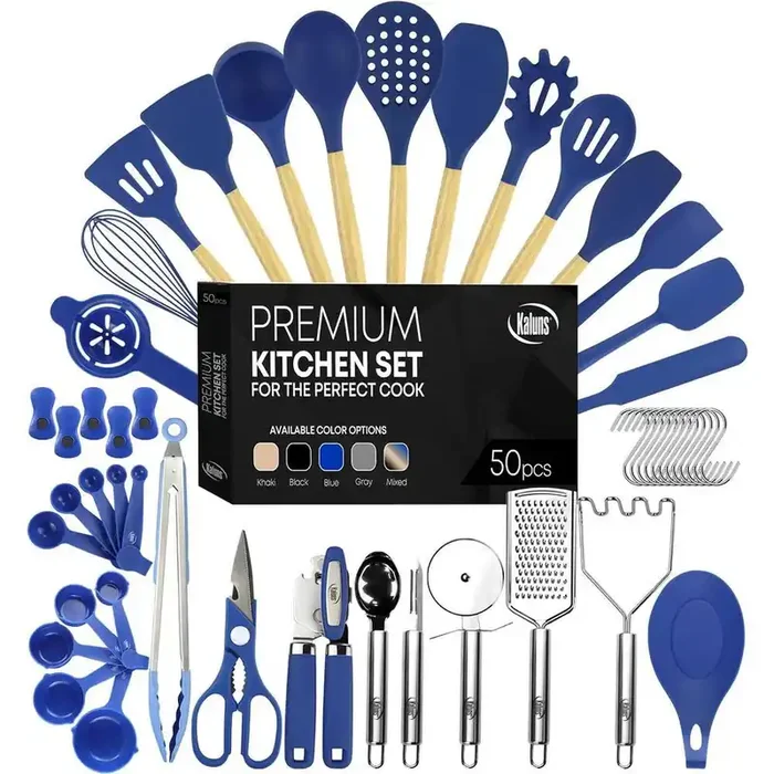 Blue, 50-Piece Set of Silicone Kitchen Utensils, Complete Kitchen Set, Premium Silicone Cooking Utensils