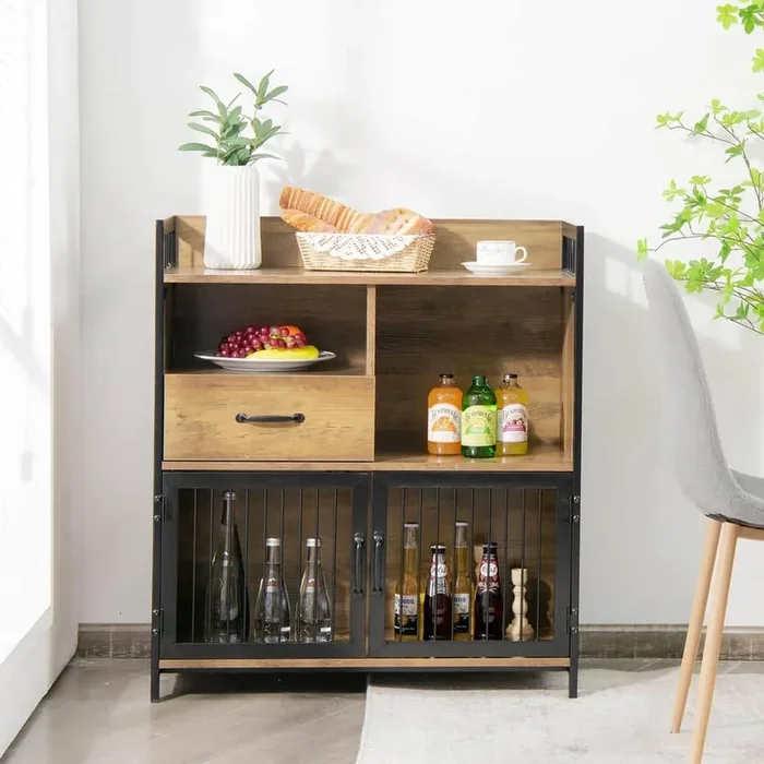 Brown Kitchen Rack Storage Shelving Unit Buffet Cabinet with Drawer and Wood Storage Shelf