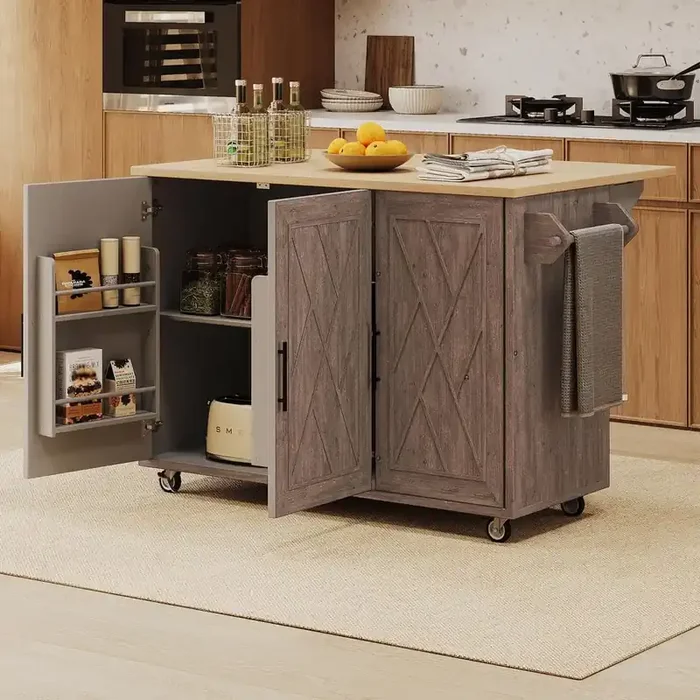 Brown MDF Kitchen Cart with Drop Leaf and Towel Rack