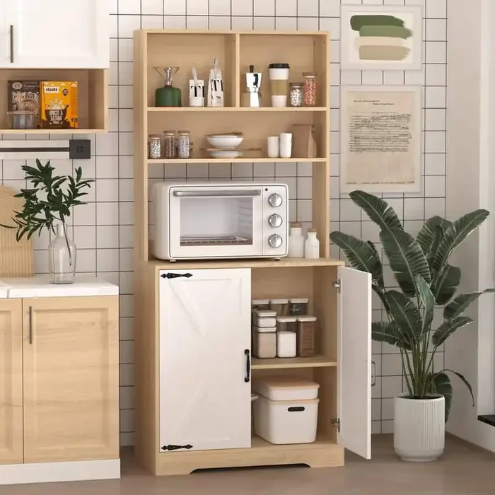Brown Wood 31.50 in. Kitchen Island with 2 Doors, 3-Tier Modern Kitchen Cabinet Pantry Cabinet