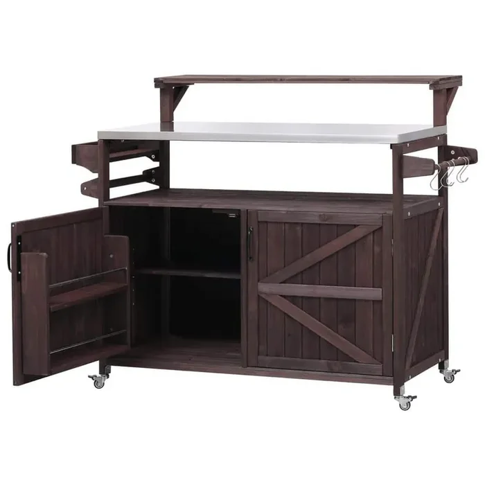 Brown Wood 53.3 in. Kitchen Island Cart Outdoor Grill Cart Storage Cabinet with Stainless Steel Top, Raised Shelf