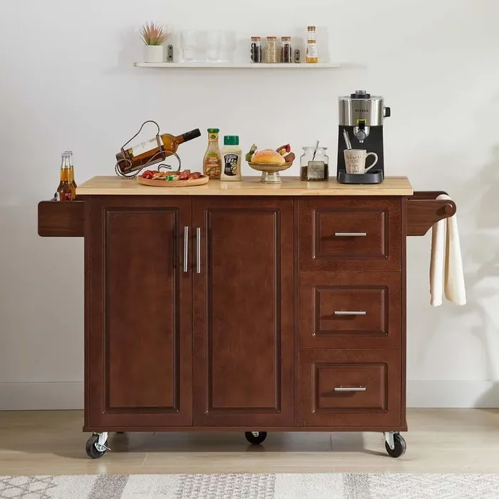 Brown Wood 54 in. Kitchen Island with Drawers, Kitchen Island with Drop Leaf Countertop, Rolling Kitchen Island Cart