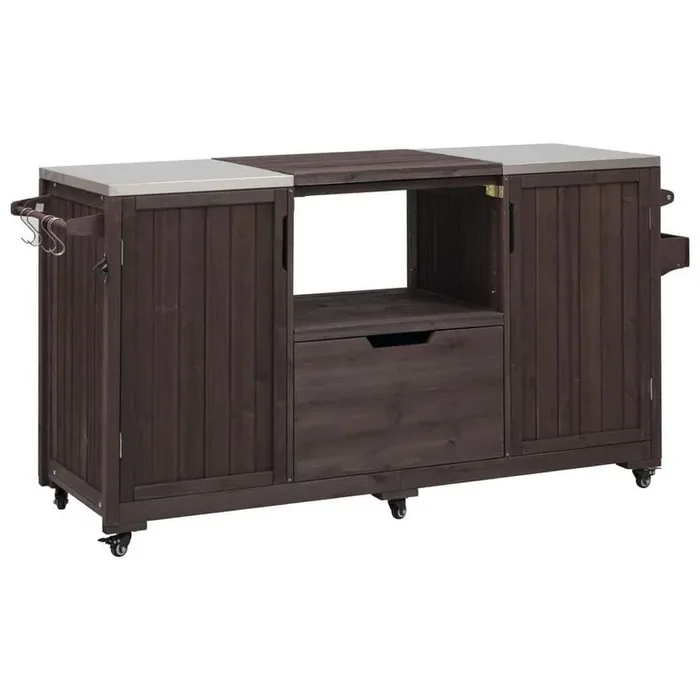 Brown Wood 66.5 in. Kitchen Island Cart Outdoor Grill Cart Storage Cabinet W/Stainless Steel Top Adjustable Center Panel