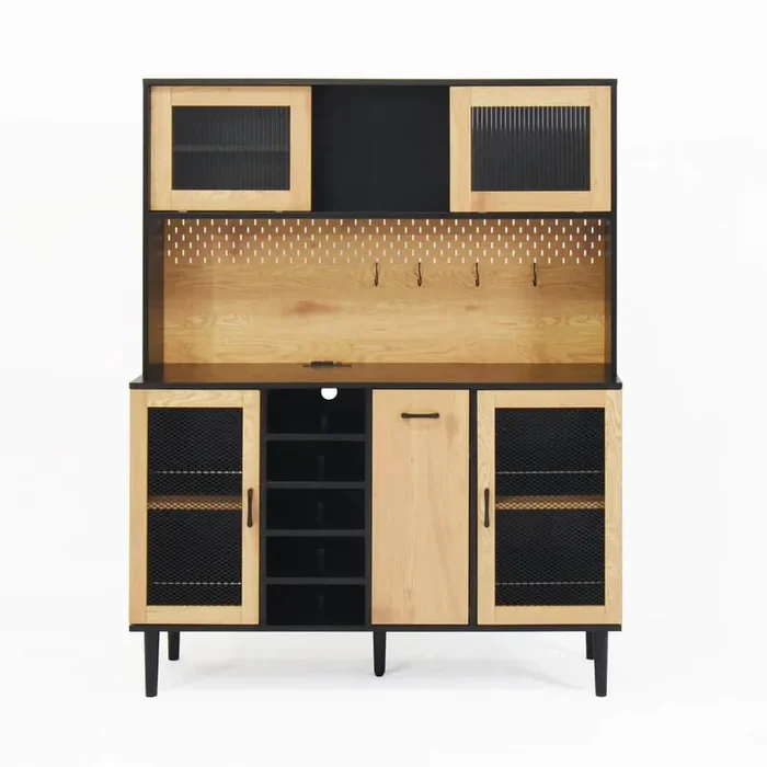 Brown Wood Pantry Organizer with Buffet Sideboard Cabinet with Storage Door and Power Outlet and Wine Rack