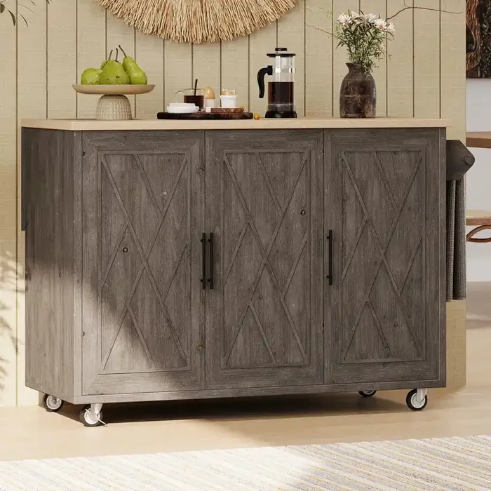 Brown Wood Top 51.2 in. Geometric Twill Stripe Kitchen Island with Drop Leaf, Internal Storage Rack and Adjustable Shelf