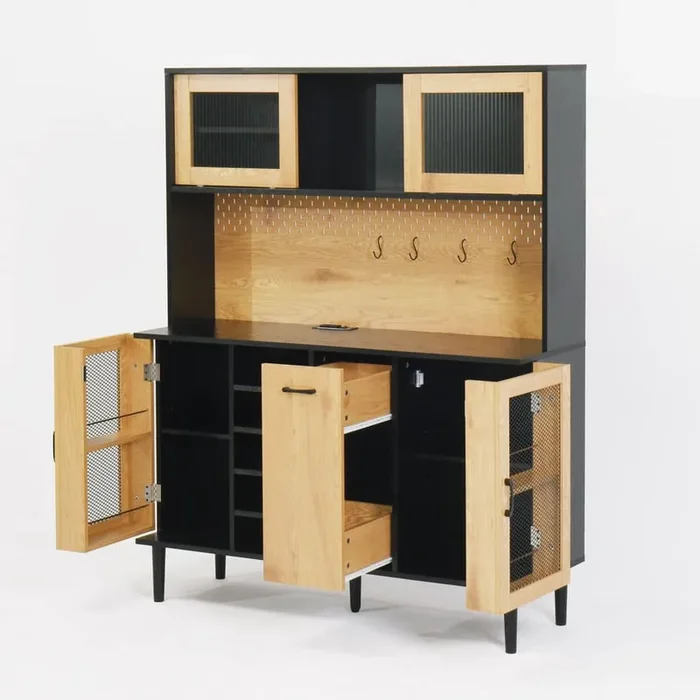 Buffet Sideboard Cabinet with Storage Door and Power Outlet, Coffee Bar Cabinet with Wine Rack, Kitchen Pantry in Black