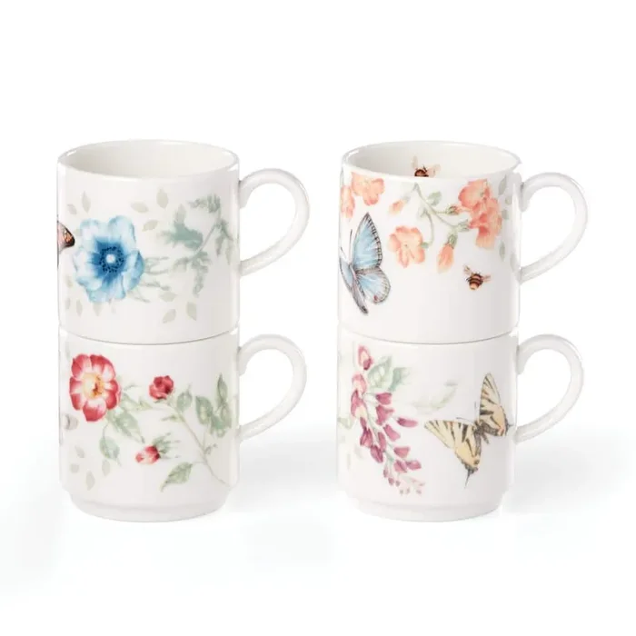 Butterfly Meadow 10 oz. Multi White Porcelain Mug (Set of 4)