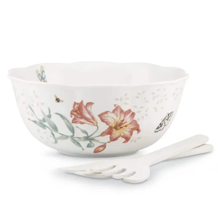 Butterfly Meadow 11 in. Dia 72 oz. Multi Color 3-Piece Porcelain Salad Bowl Set with Wood Servers