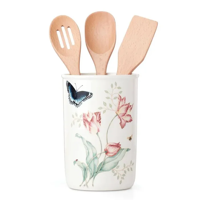 Butterfly Meadow White Porcelain Utensil Caddy with 3-Utensils