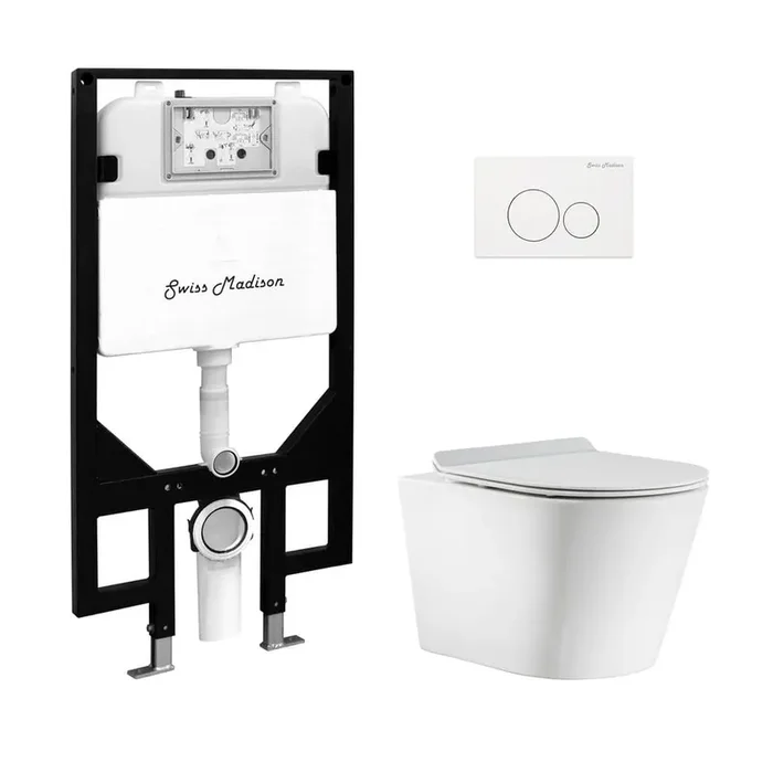 Calice Wall-Hung Toilet, Round, 3-Piece Bundle 0.8/1.6 GPF Dual Flush in Glossy White with White Flush Plate