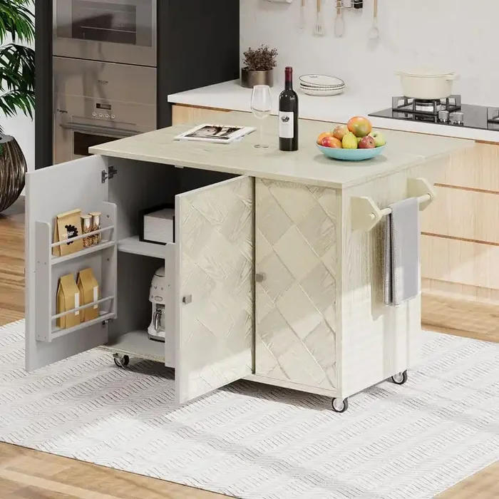 Champagne MDF Kitchen Cart with Drop Leaf and Towel Rack