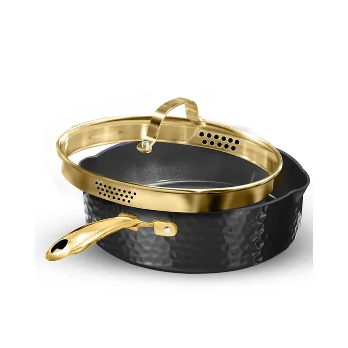 Charleston Collection 4 qt. Aluminum Hammered Nonstick Deep Saute Pan with Strainer Glass Lid in Black