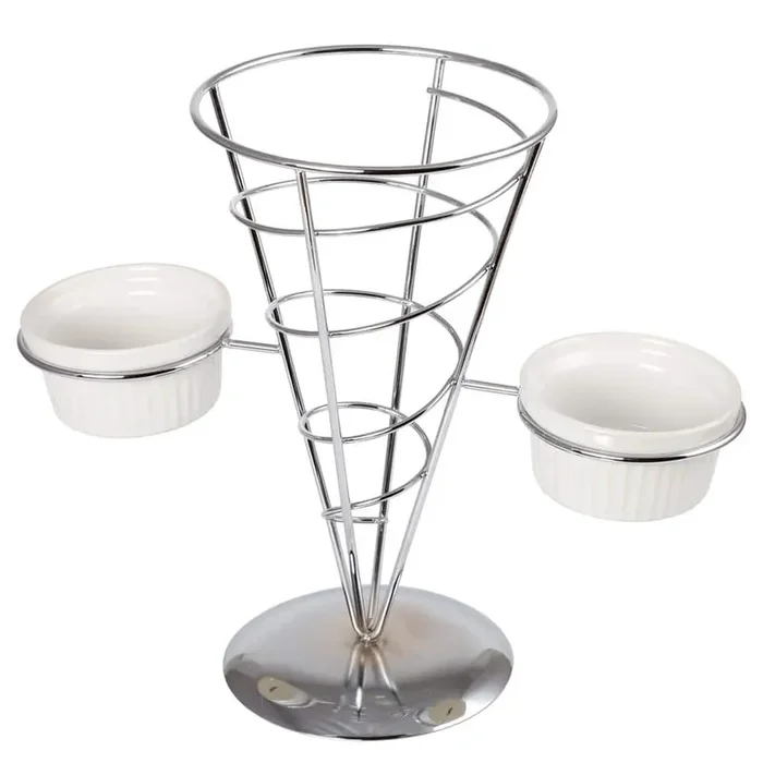 Chrome Iron Wire French Fry Set with Single Cone Holder, 2-Ceramic Ramekins for Dipping Sauce