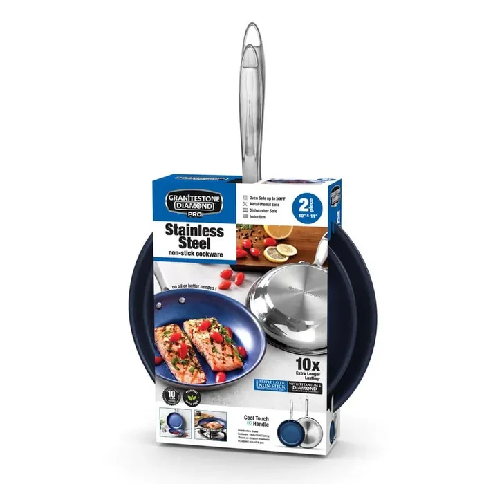 Classic Blue 2-Piece Stainless Steel Tri-Ply Base Nonstick Diamond Infused Coating Frying Pan (10 in. and 11 in.)