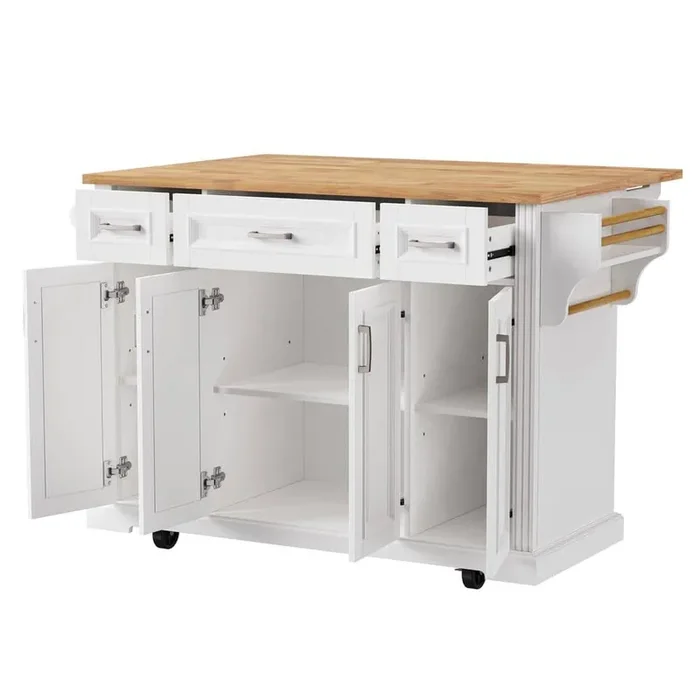 Classic White Wood 54 in. Drop Leaf Embossed Texture Rolling Large Kitchen Island with 3-Drawer and 4-Door