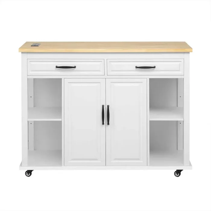 Coastal 47 in. Rubber Wood White Kitchen Cart with Cabinets and Extendable Dining Table