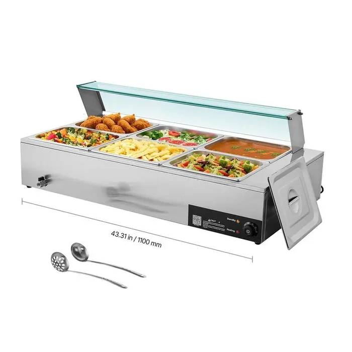 Commercial Food Warmer, 1500W Electric Stainless Steel Steam Food Warmer, Glass Cover, 6×1/2 Size Pans Buffet Bain Marie