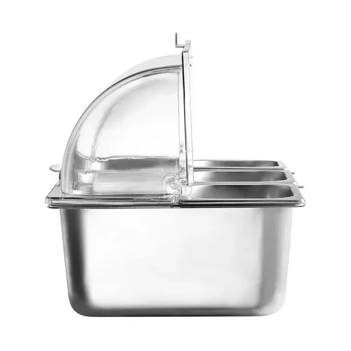 Countertop Food Serving Display, 6-Pan Stainless Steel Tray, Buffet Condiment Dispenser with Clear Lid & 3 Freezer Boxes