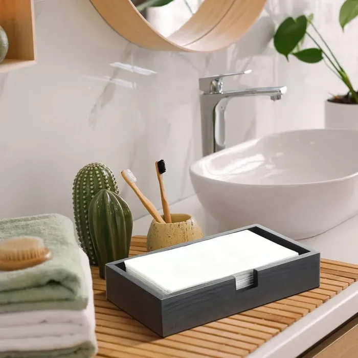 Countertop Mount Black Wood Guest Towel Holder Tray Set for Bathroom Napkin Toilet Tank Topper Home 2 Pack