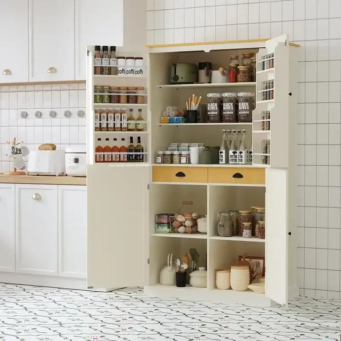 Cream White Wood Pantry Organizer, Large Cupboard Storage Cabinet with 2-Drawers, 2-Adjustable Shelves, 8-Door Shelves