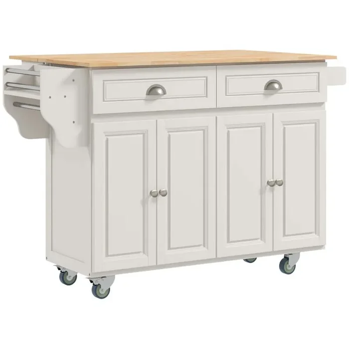 Cream White Wood Top 57.5 in. Kitchen Island with Drop Leaf, Cabinets, Drawers, Cutting Board and Wheels