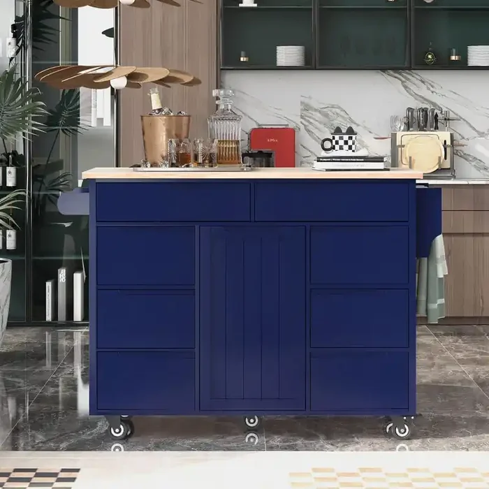 Dark Blue Rubber Wood Kitchen Cart with Spice Rack and Towel Rack