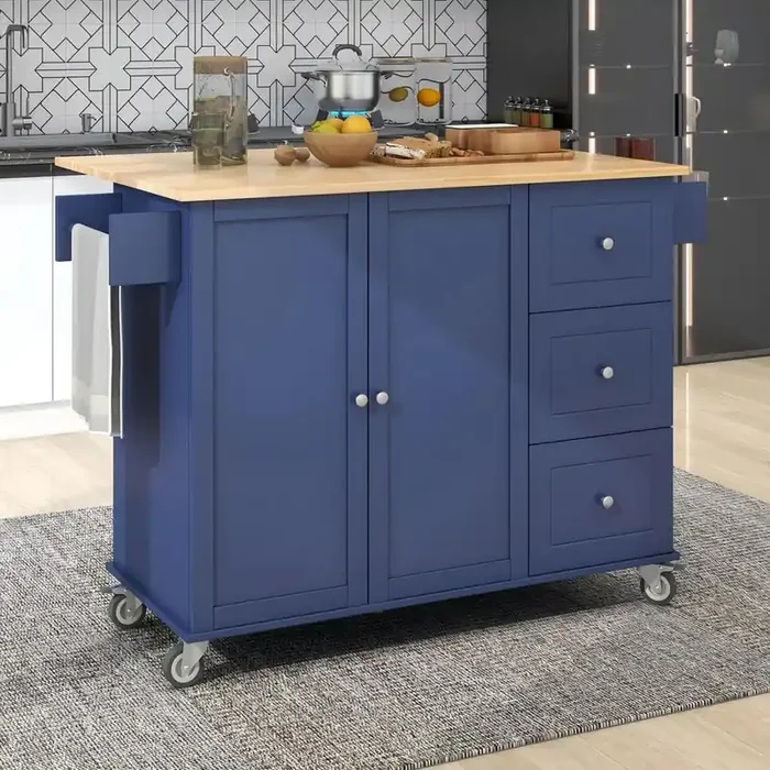 Dark Blue Solid Wood Top 52.7 in. Kitchen Island with Drop Leaf Breakfast Bar and 3 Drawers
