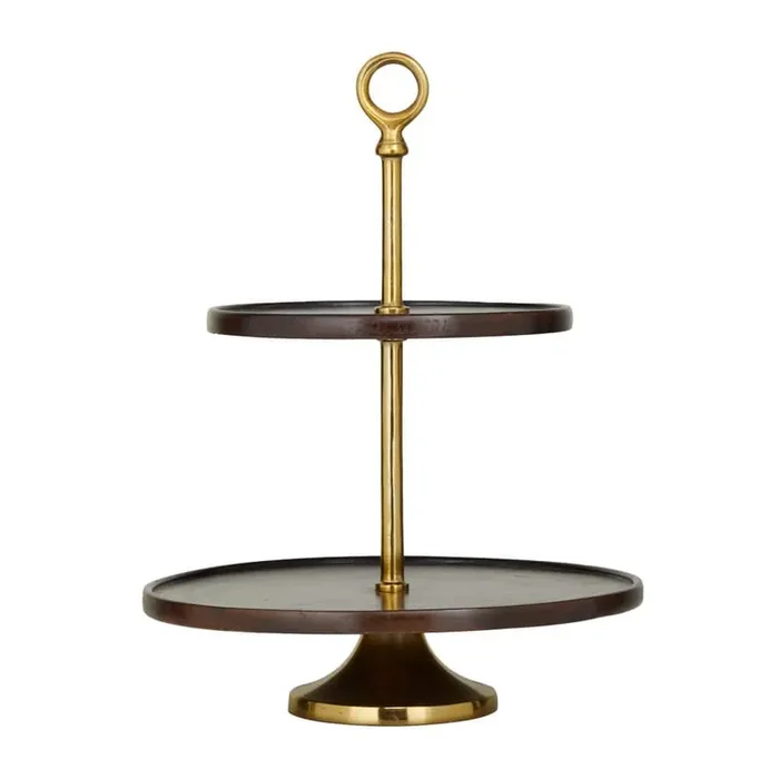 Dark Brown Mango Wood Decorative Tiered Server with Gold Stand