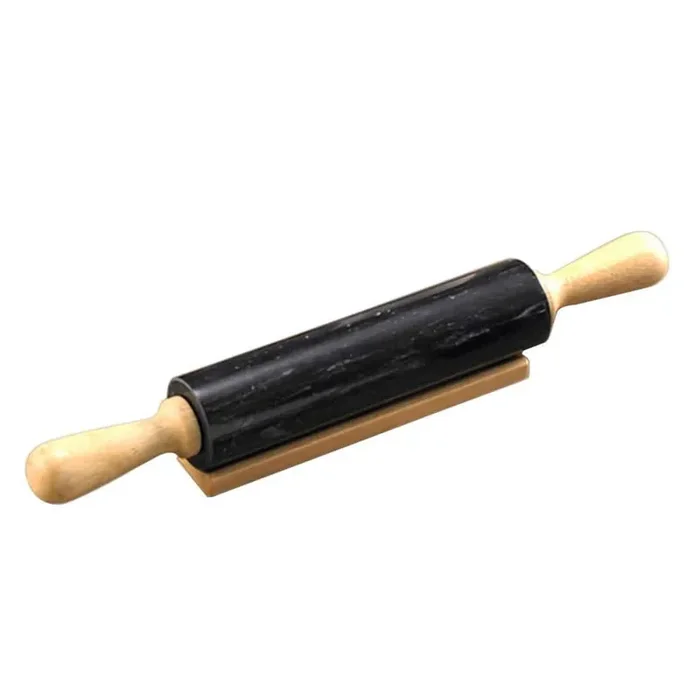 Deluxe 18 in. Black Marble Rolling Pin with Wood Handles and Cradle