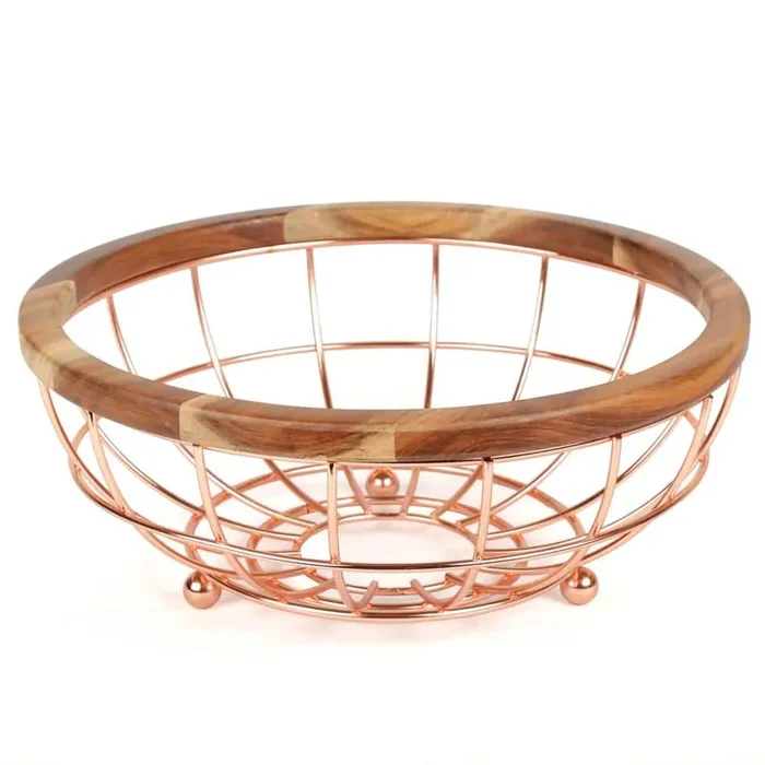 Deluxe Acacia Copper Plated Wood and Iron Wire Fruit Basket Fruit Bowl