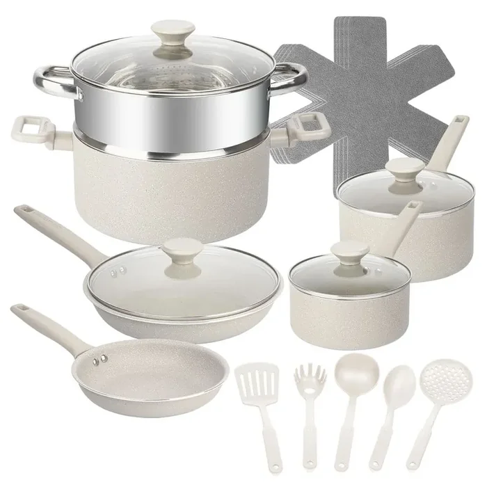 Desert Collection 20-Piece Aluminum Nonstick Cookware Set with Utensils in Speckled Beige