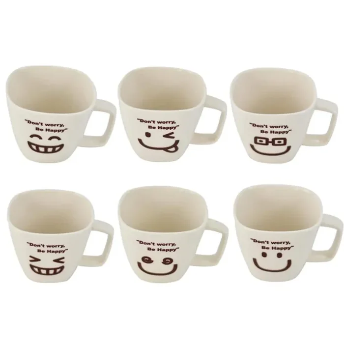 Don‘t Worry Be Happy 9.5 oz. White Ceramic Tea Cup Face (Set of 6)