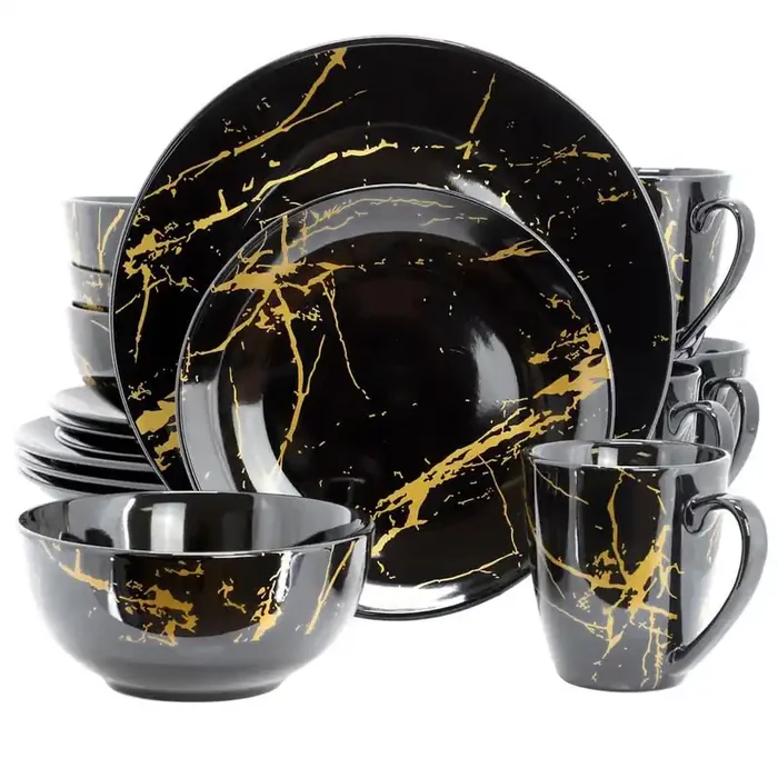 Elama Gilded Stone 16 Piece Porcelain Dinnerware Set in Black with Gold Veins