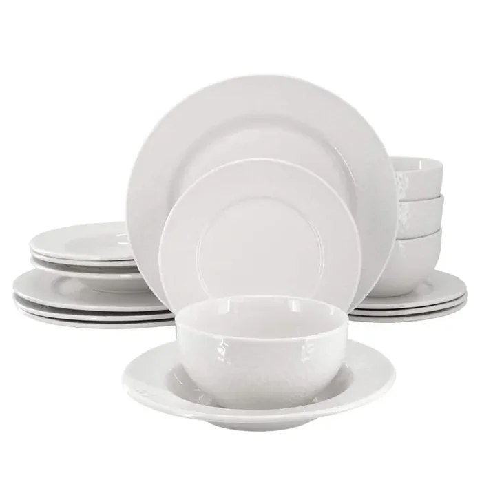Elama Jayce 16 Piece Textured Design Double Bowl Porcelain Dinnerware Set in White