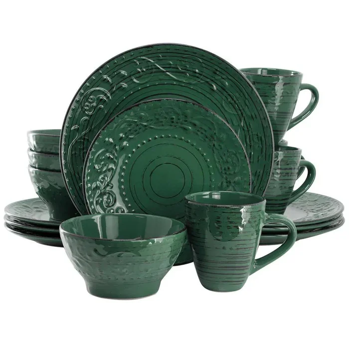 Elama Pacifica Emerald Coast 16-Piece Dinnerware Set in Dark Green